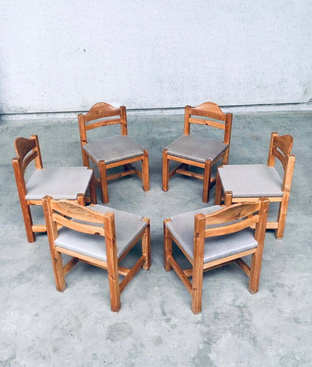 Brutalist Square Model Pine Dining Chairs, 1970s, Set of 6