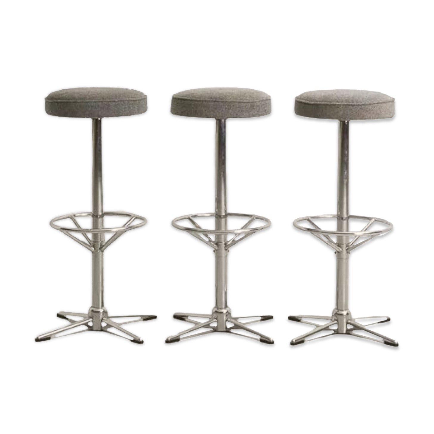 Trio of bar stools with restored seating and chrome-plated steel legs
