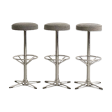 Trio of bar stools with restored seating and chrome-plated steel legs