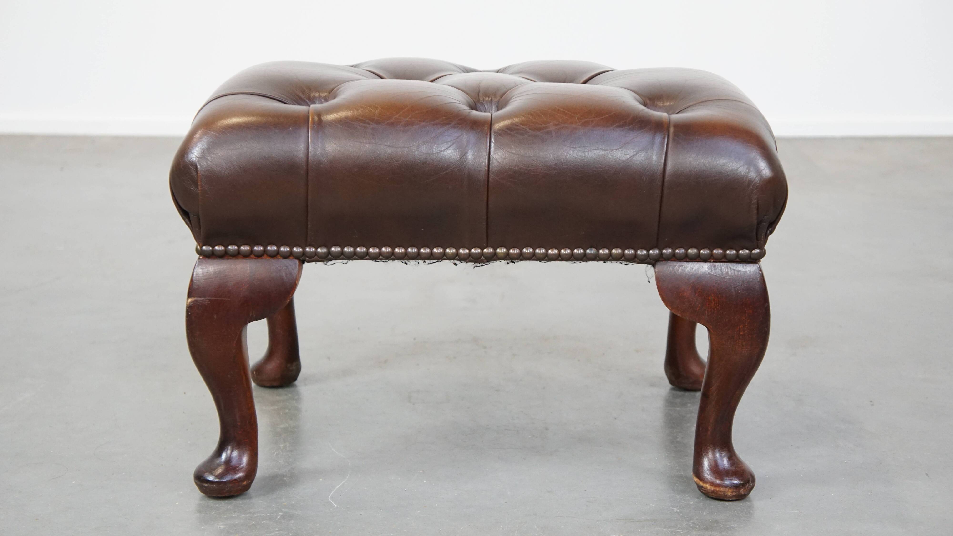 Dark brown cowhide leather Chesterfield ottoman