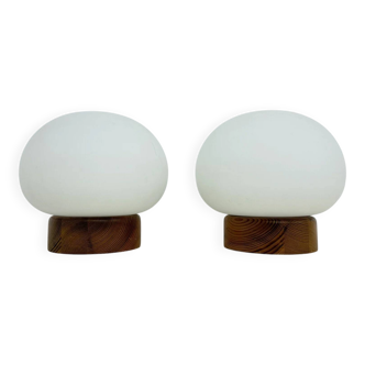 Set of 2 pine wood and opaline glass table lamps, 1970s