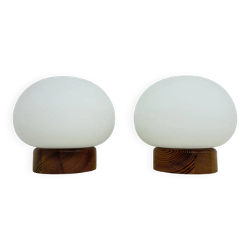 Set of 2 pine wood and opaline glass table lamps, 1970s