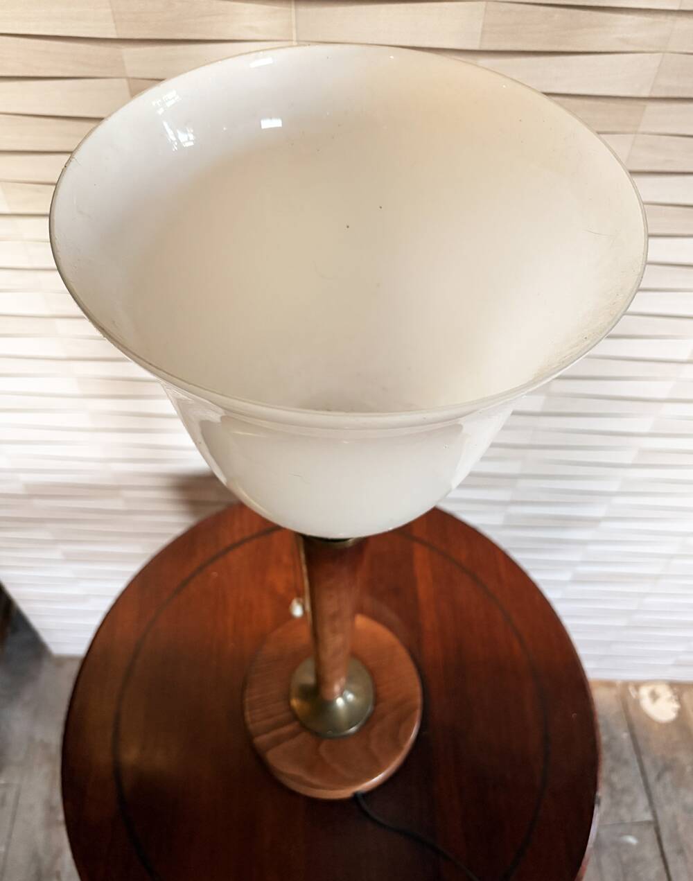 Vintage Unilux lamp in wood and opal glass, Scandinavian style.