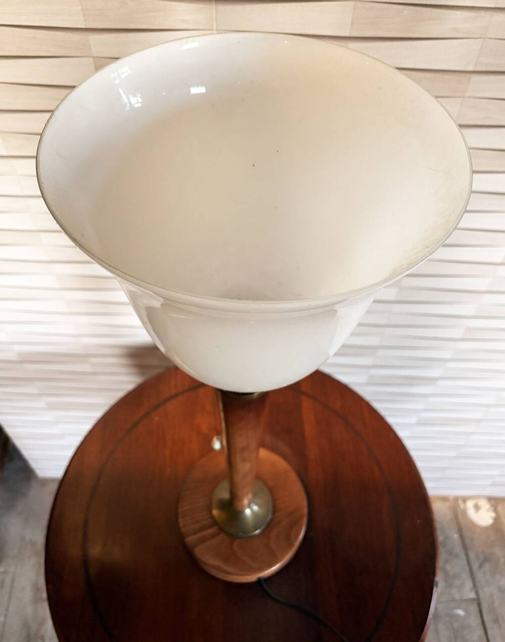 Vintage Unilux lamp in wood and opal glass, Scandinavian style.