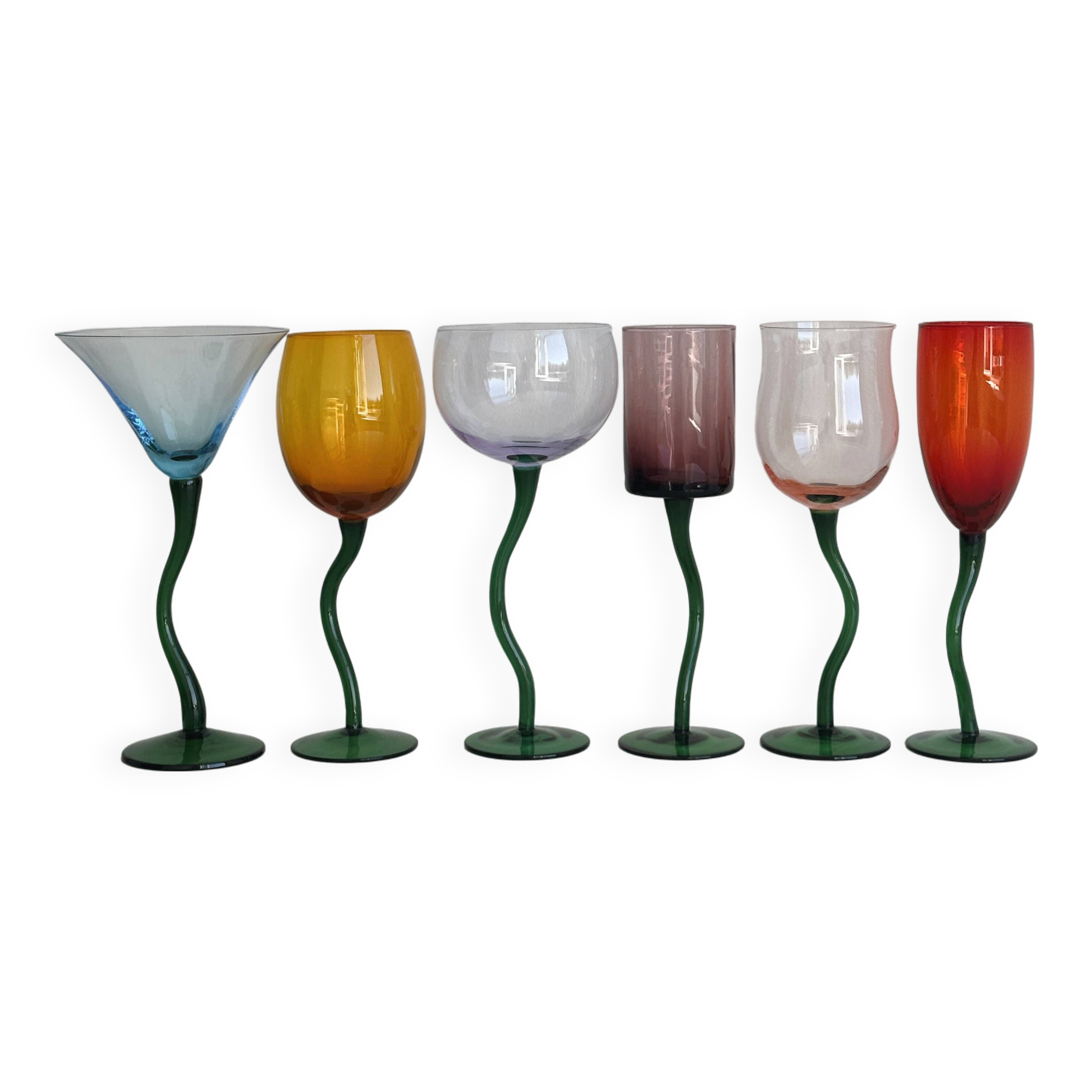 6 colored glasses with twisted feet