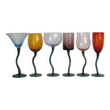 6 colored glasses with twisted feet