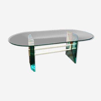 Table en cristal, miroir et laiton laqué, Italie des années 70