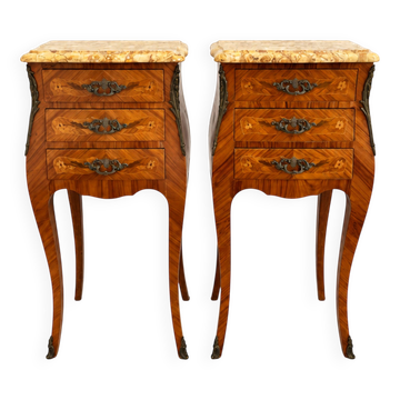 Pair French Rosewood Nightstands, Louis XV Marquetry Bedside Tables