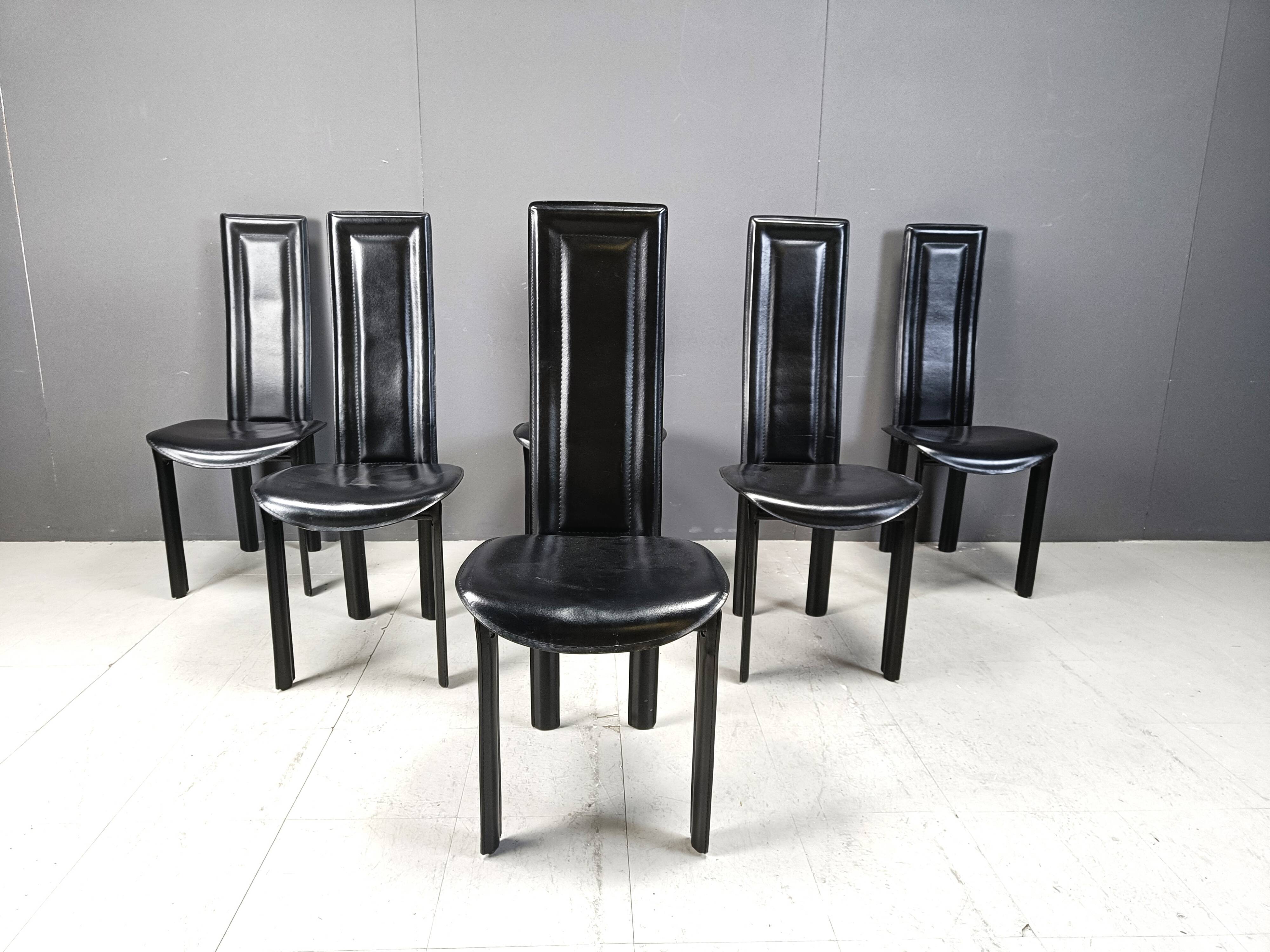 Vintage high back italian leather dining chairs, 1980s