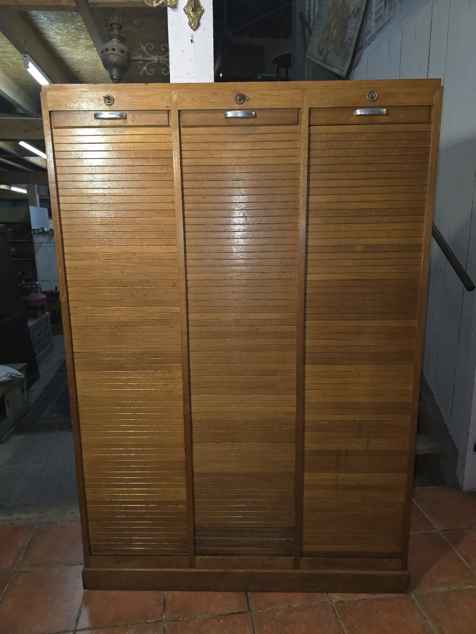 Vintage oak three-panel curtain cabinet
