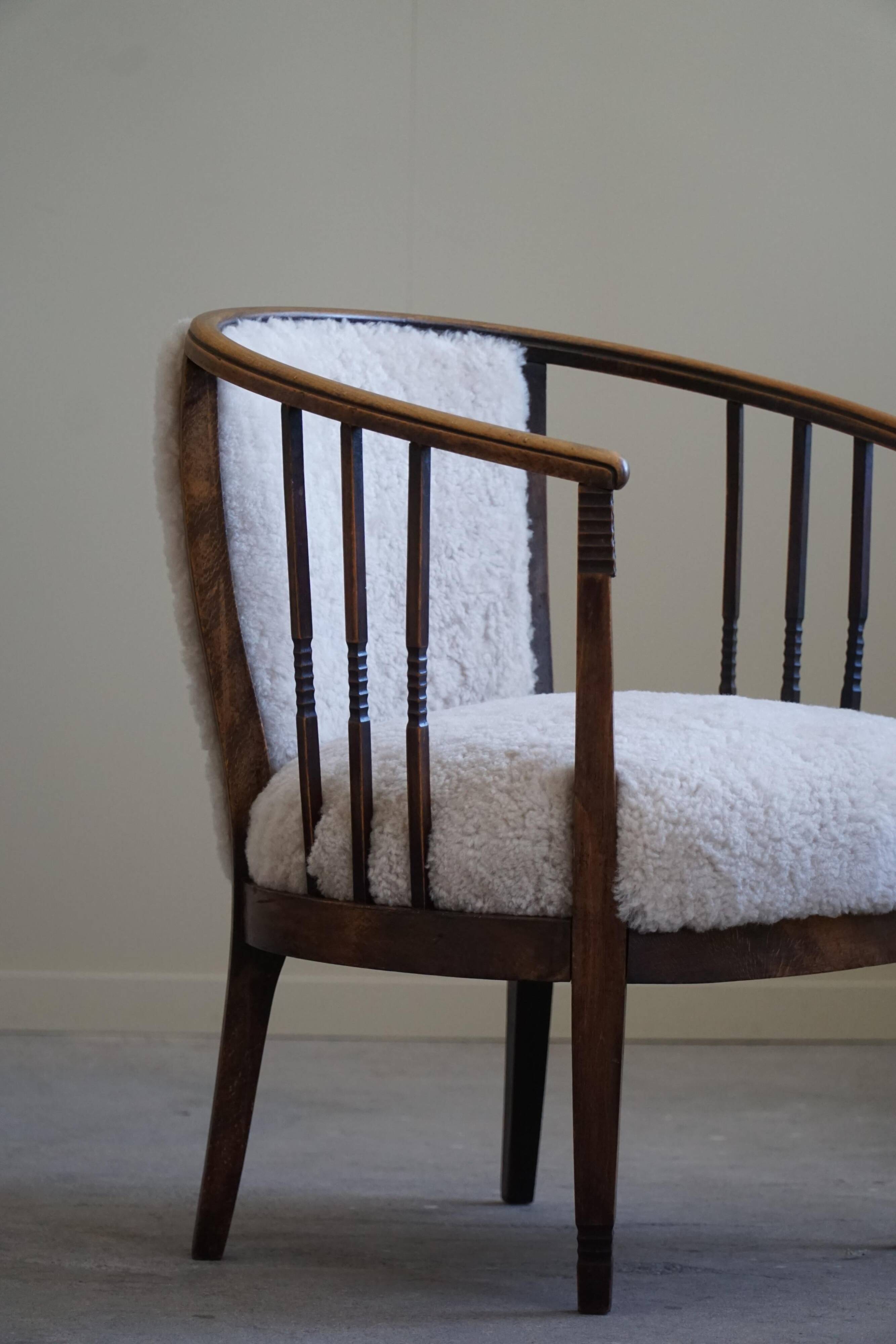 Pair of Danish armchairs in beech, reupholstered in lambswool, Art Nouveau, 1900s.