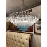Contemporary transparent and ligh-blue triedro murano glass chandelier
