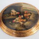 Painted medallion panel and varnish decoration hens, roosters signed G.Roy