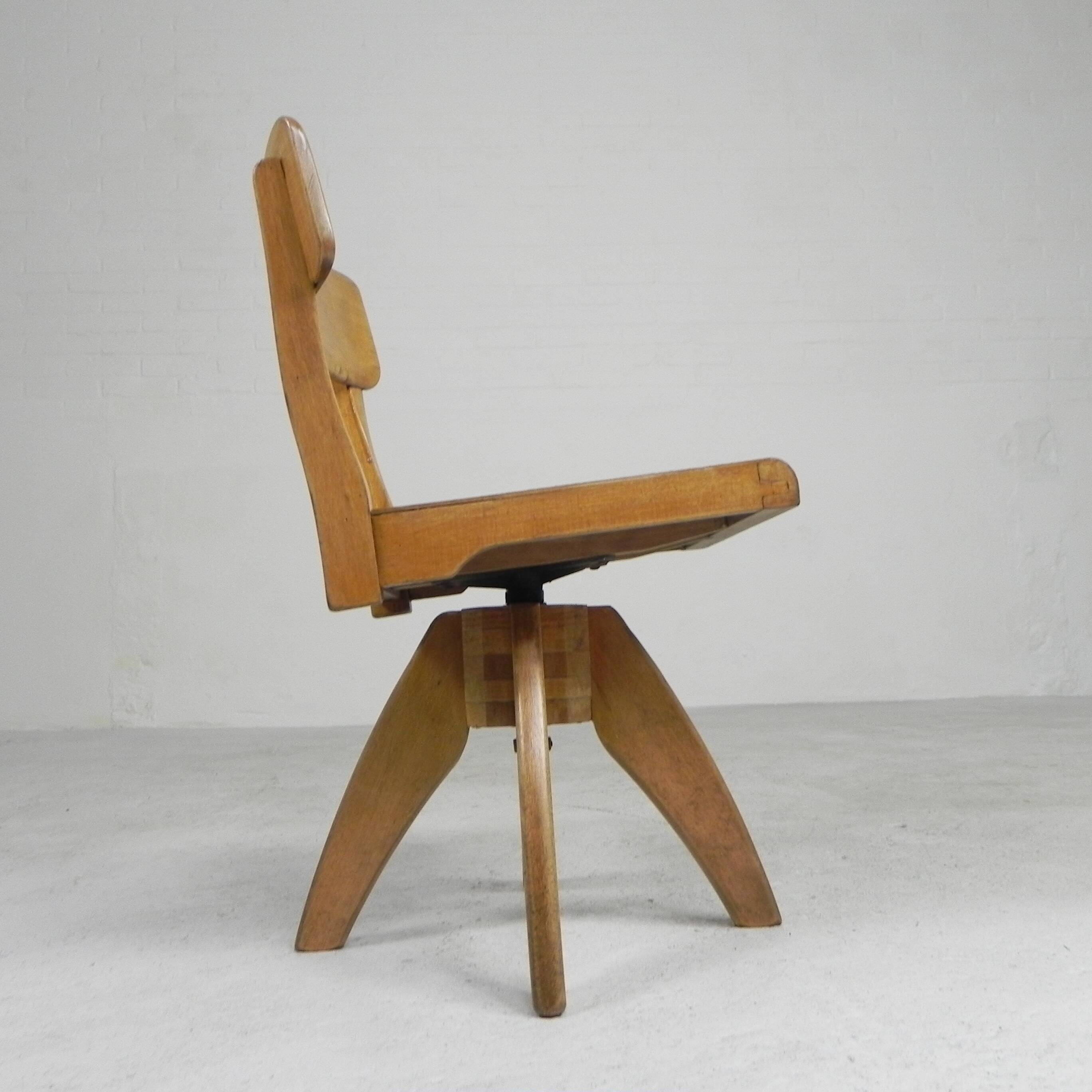 Wooden high chair, swivel chair, school chair, 1950s