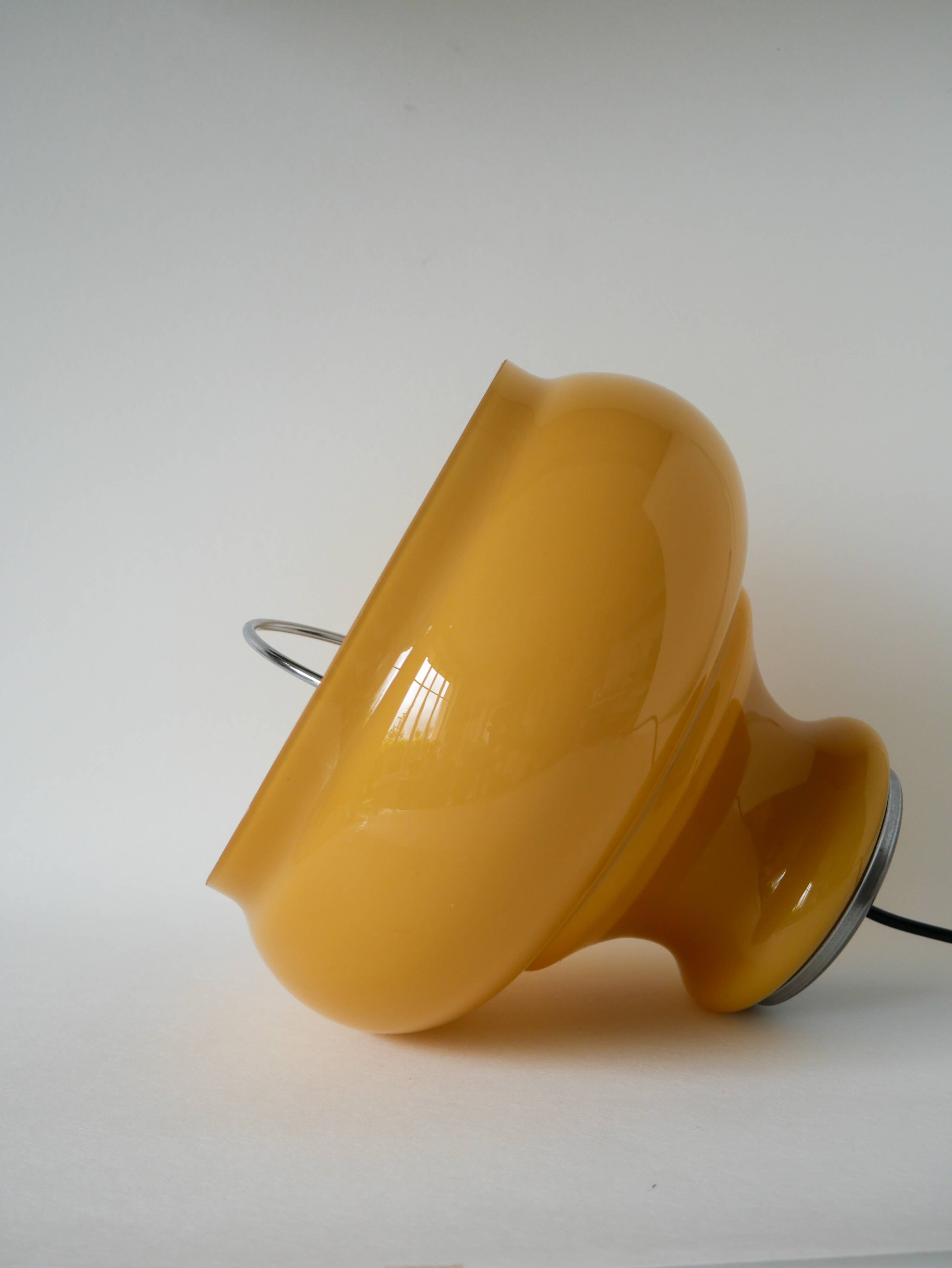 Yellow opaline pendant light with metal arc, Design, 1970