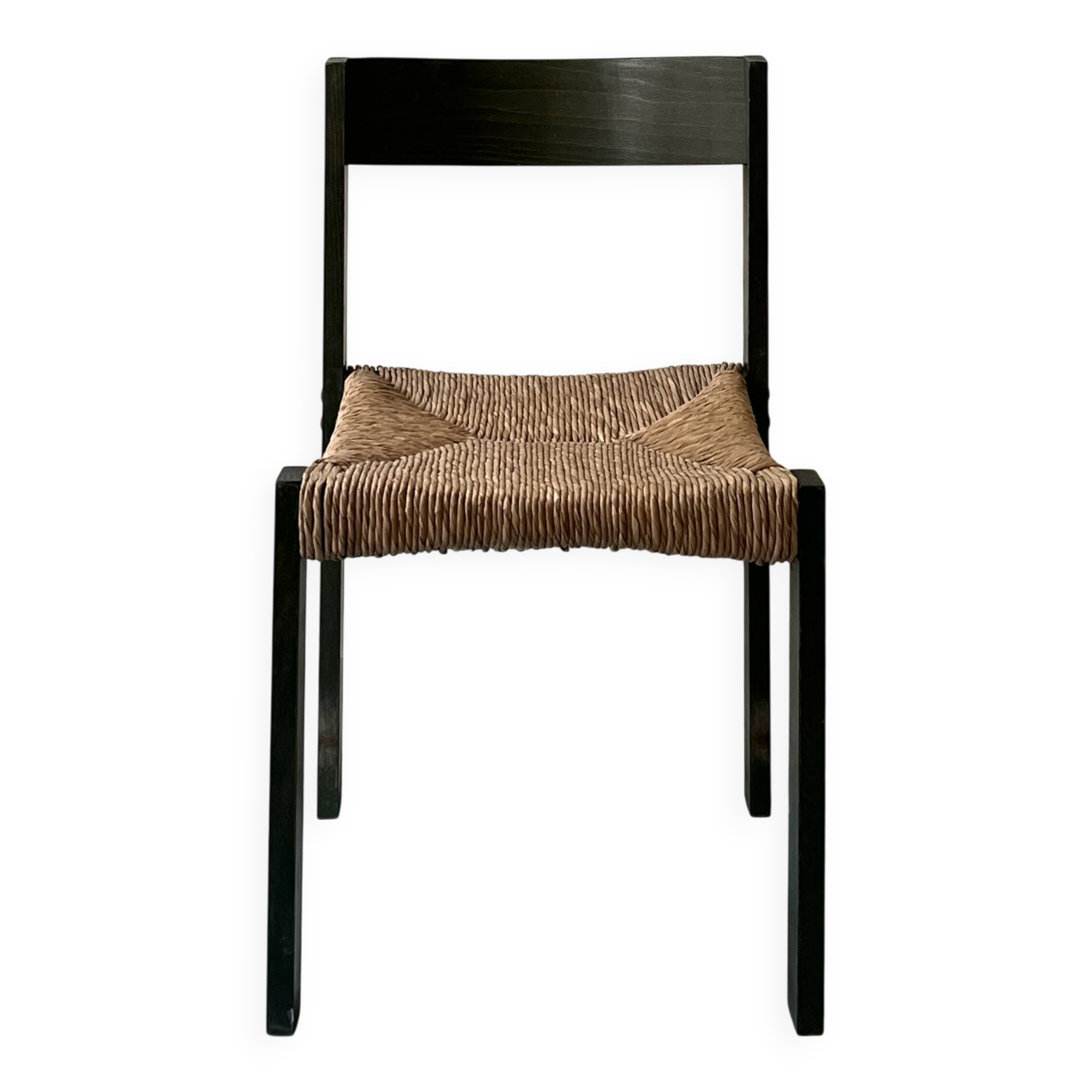 Bottle green patinated wooden straw chair, France 1950