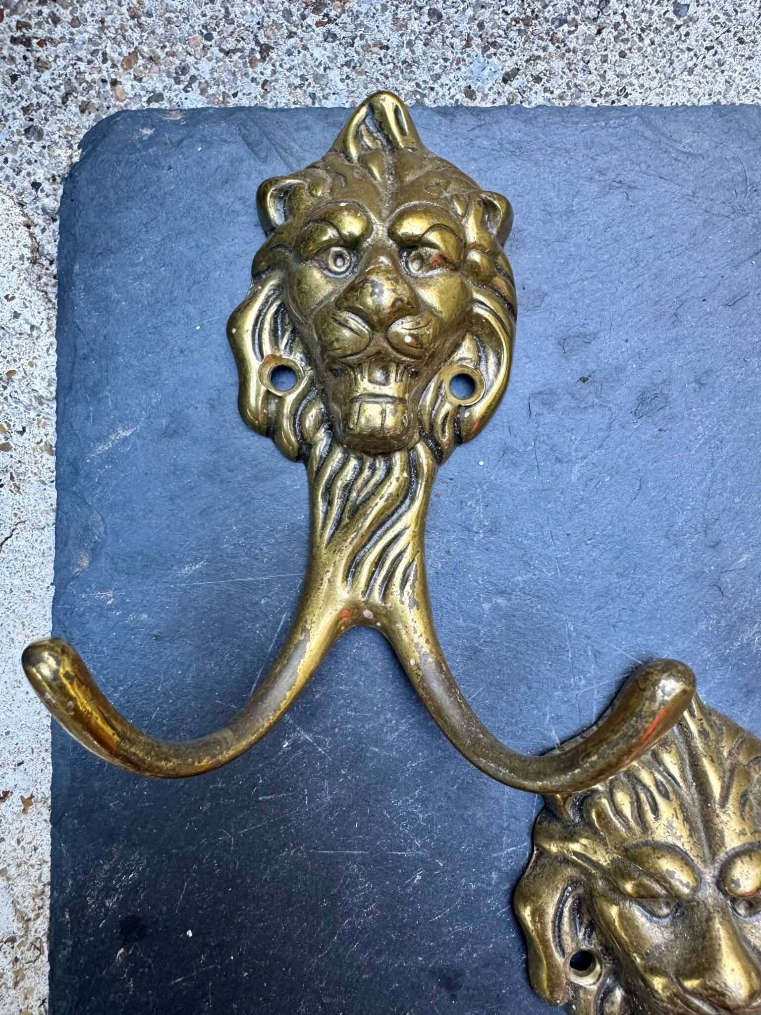 5 lion coat hooks in solid brass Art Nouveau