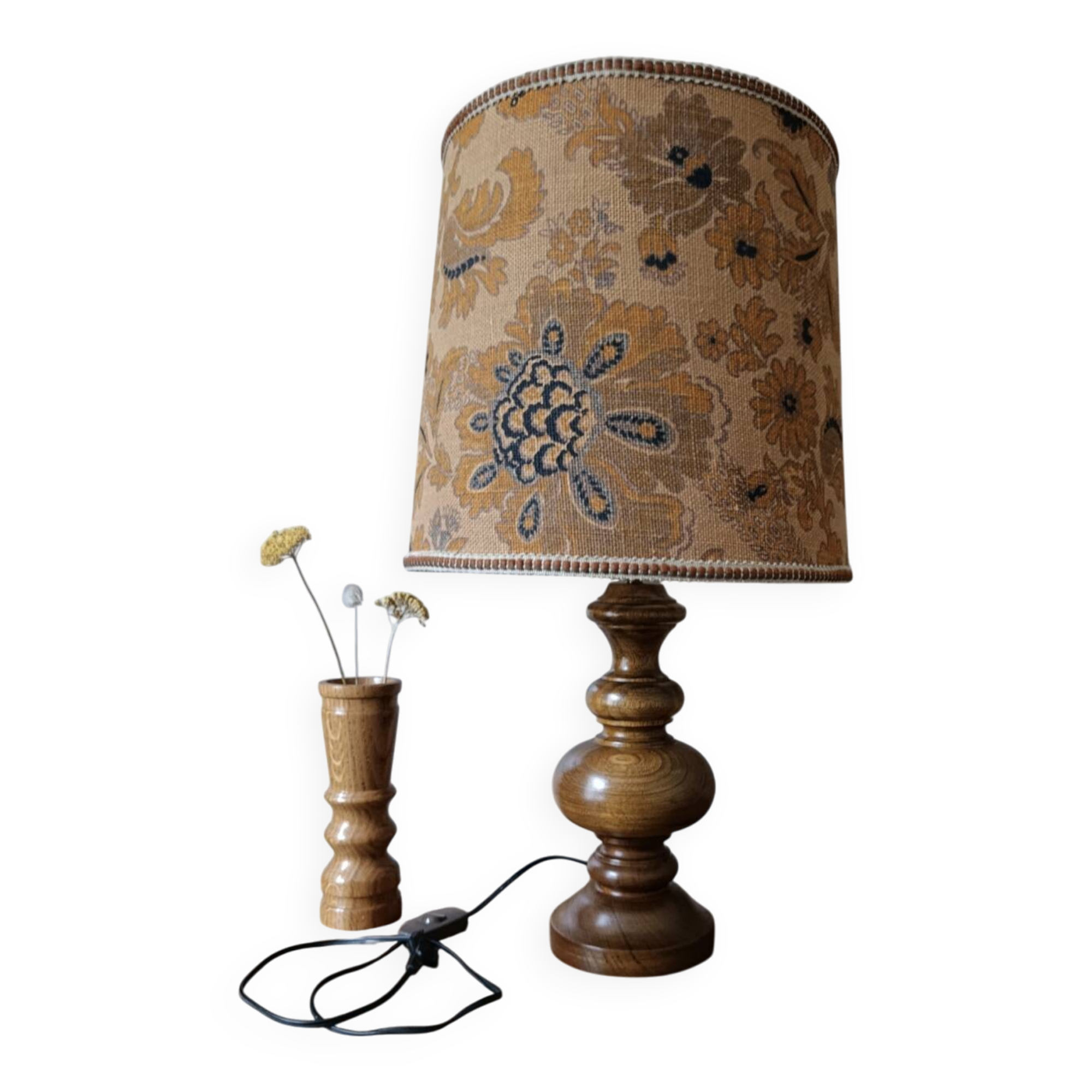 turned wooden lamp with a jute floral shade, authentic sixties