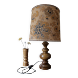 turned wooden lamp with a jute floral shade, authentic sixties