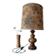 turned wooden lamp with a jute floral shade, authentic sixties