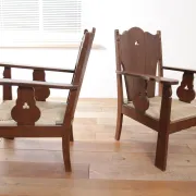 Pair of low Brutalist oak lounge chairs with new rush seats – circa 1935