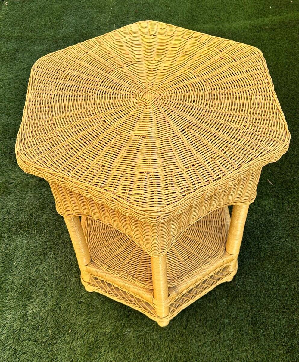 Vintage hexagonal rattan side table with original label, 1980.