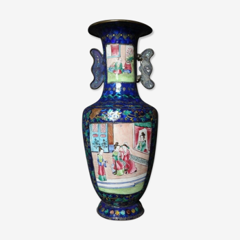 Ancien vase Chinois cuivre émaillé émaux 18cm Chine XIXème