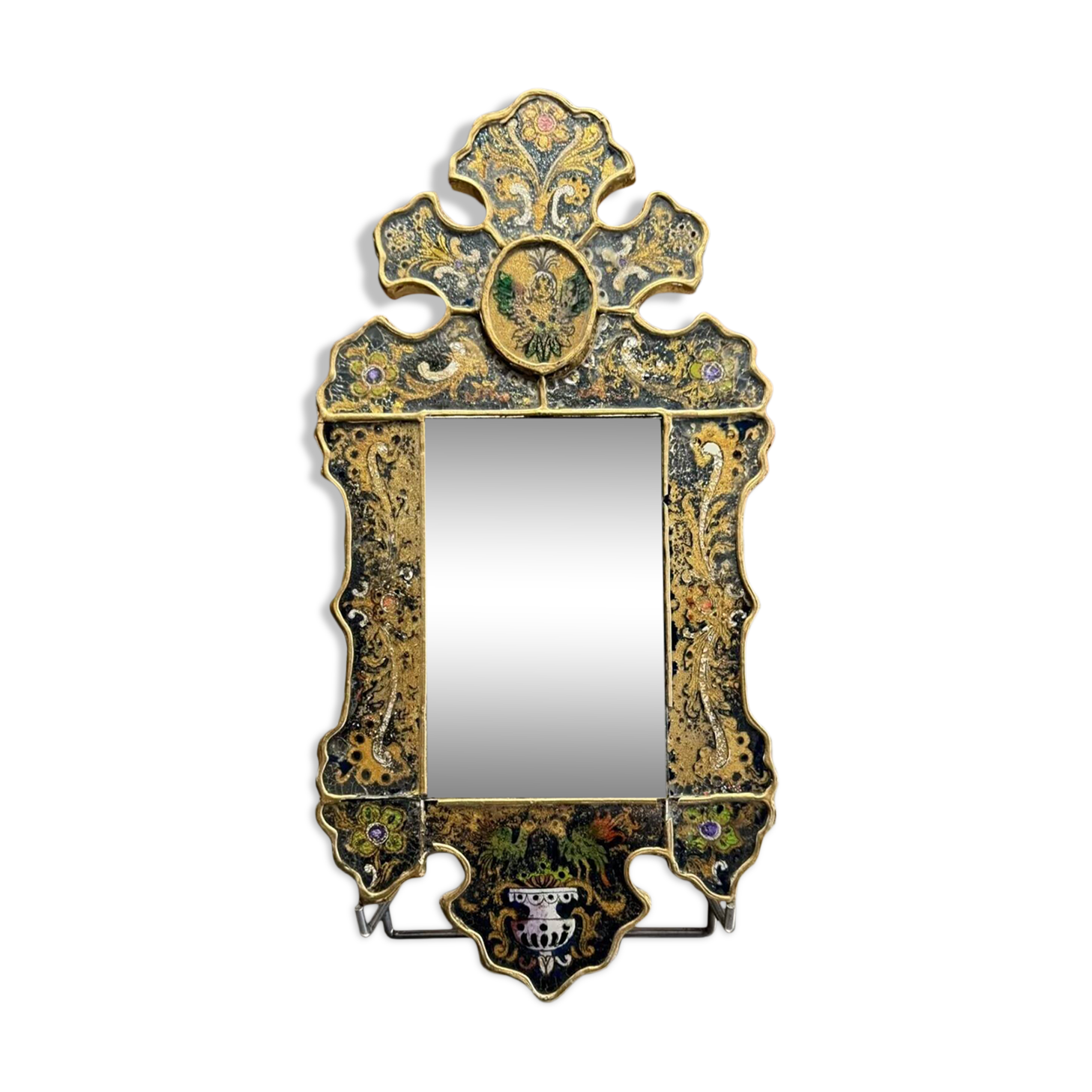 Eglomise glass mirror with scrollwork and branch races decoration