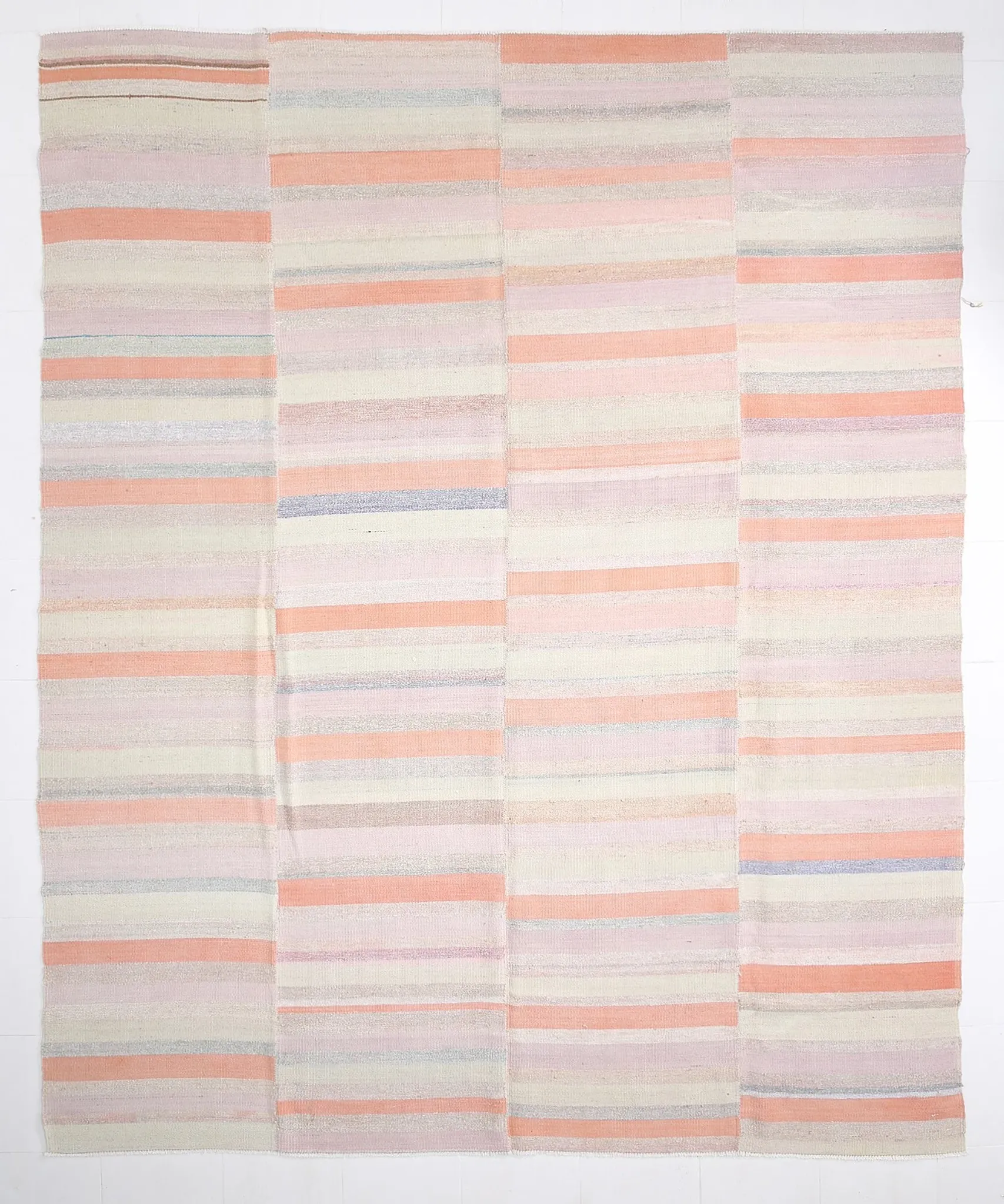 Salmon & Pink Mid Cenyury Modern Kilim Rug, Vintage Striped Boho Carpet