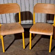 Pair of school chairs, wood and yellow metal, industrial decor.