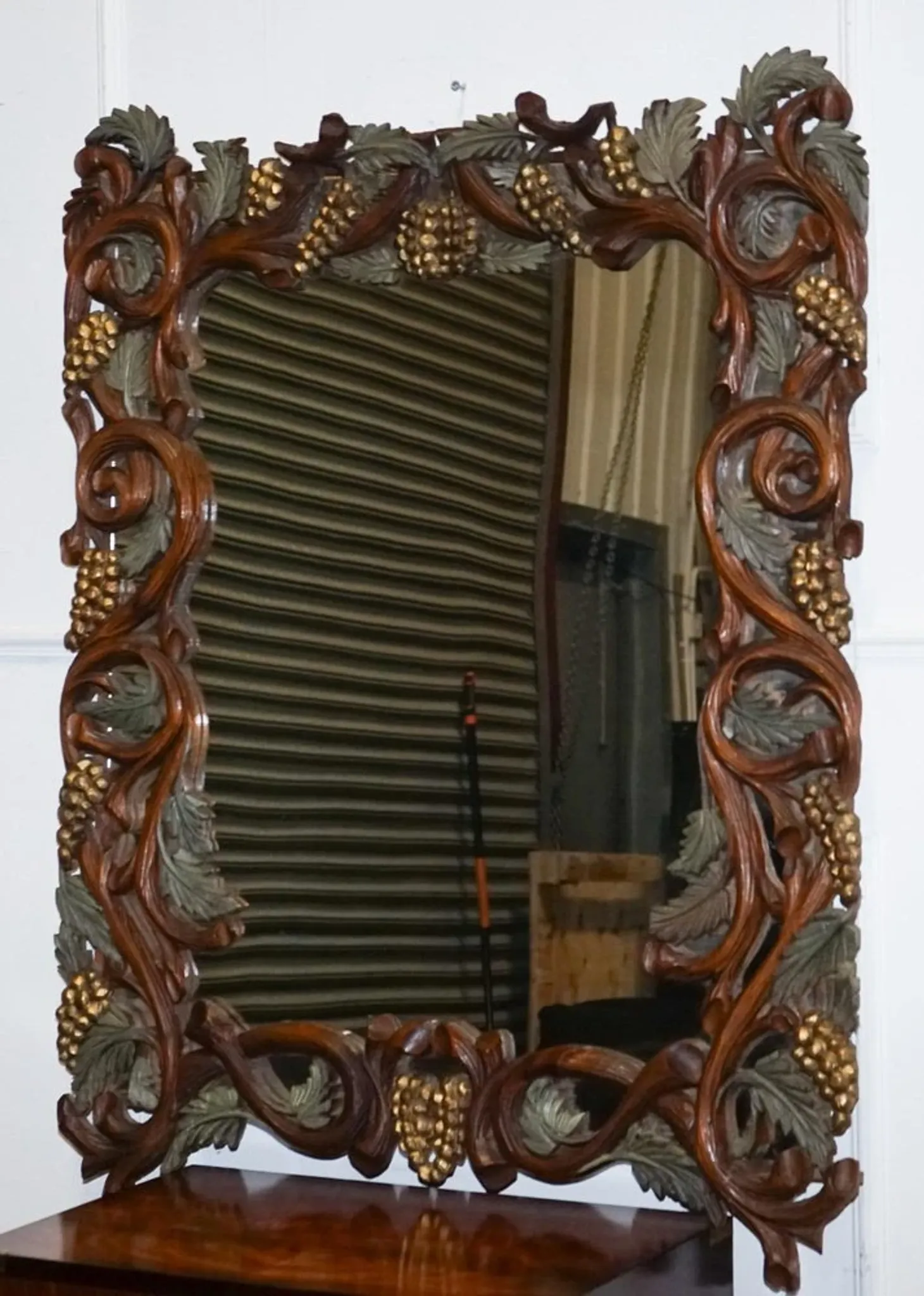 Vintage Black Heavily Carved Wooden Forest Wall Mirror