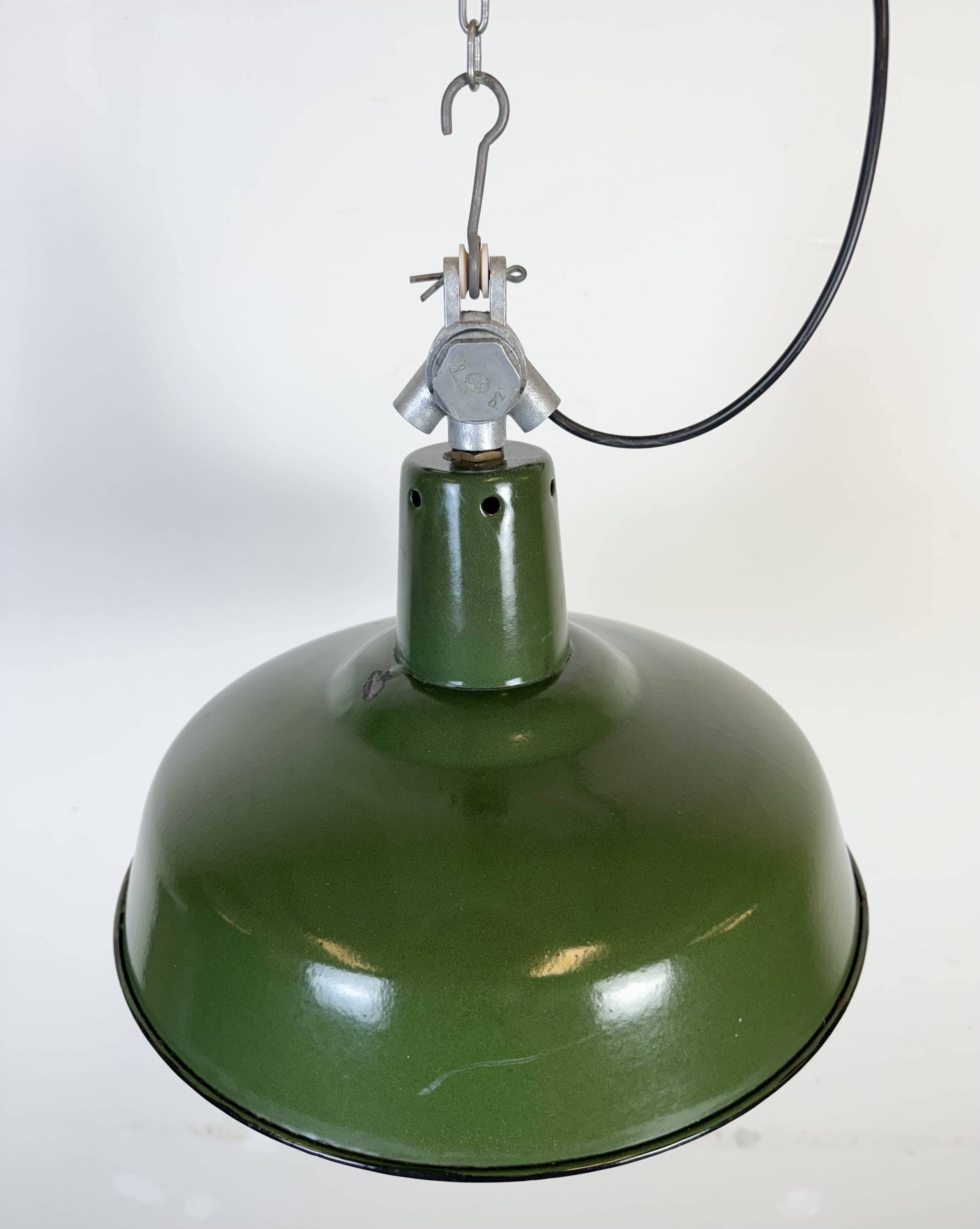 Industrial French Green Enamel Factory Pendant Lamp, 1960s