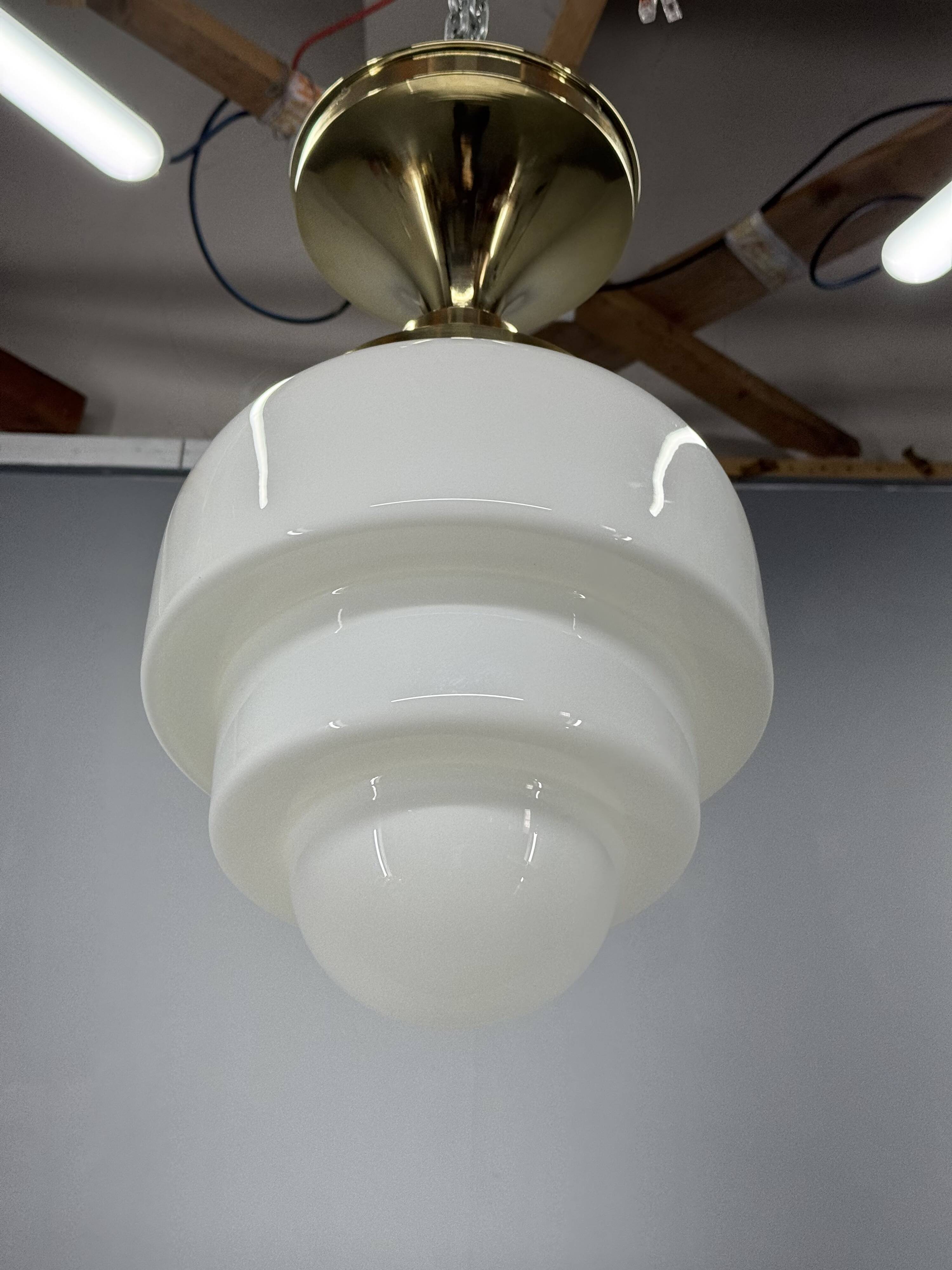 1930s Art Deco Brass and Opaline Glass Flush Mount, Czech