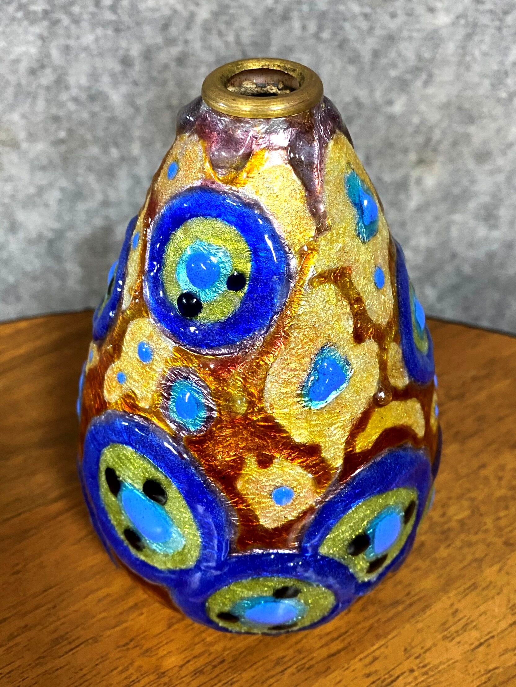 Camille Fauré: Oblong vase circled with brass at the neck and resting on a circular base