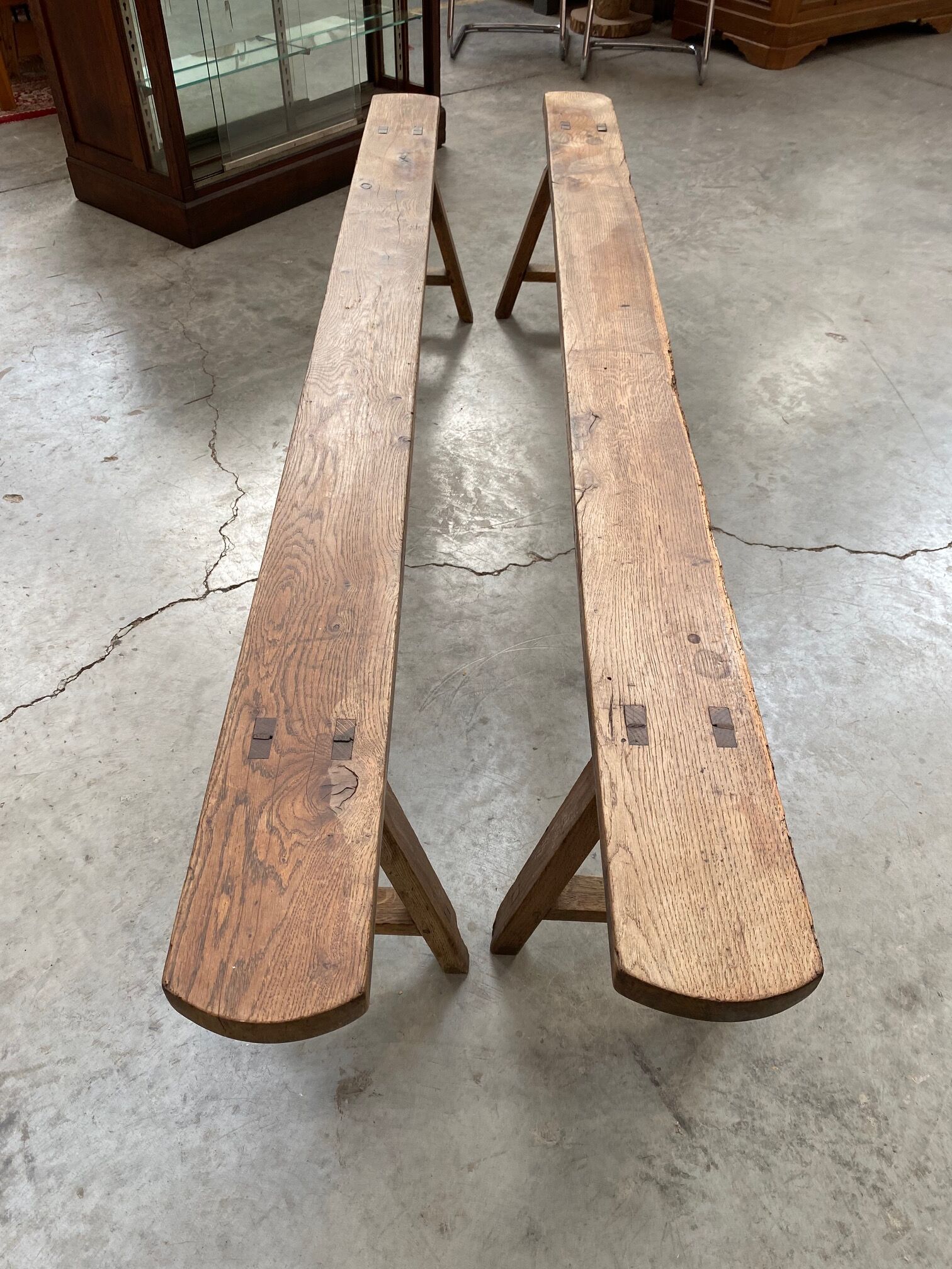 Pair of oak farm benches