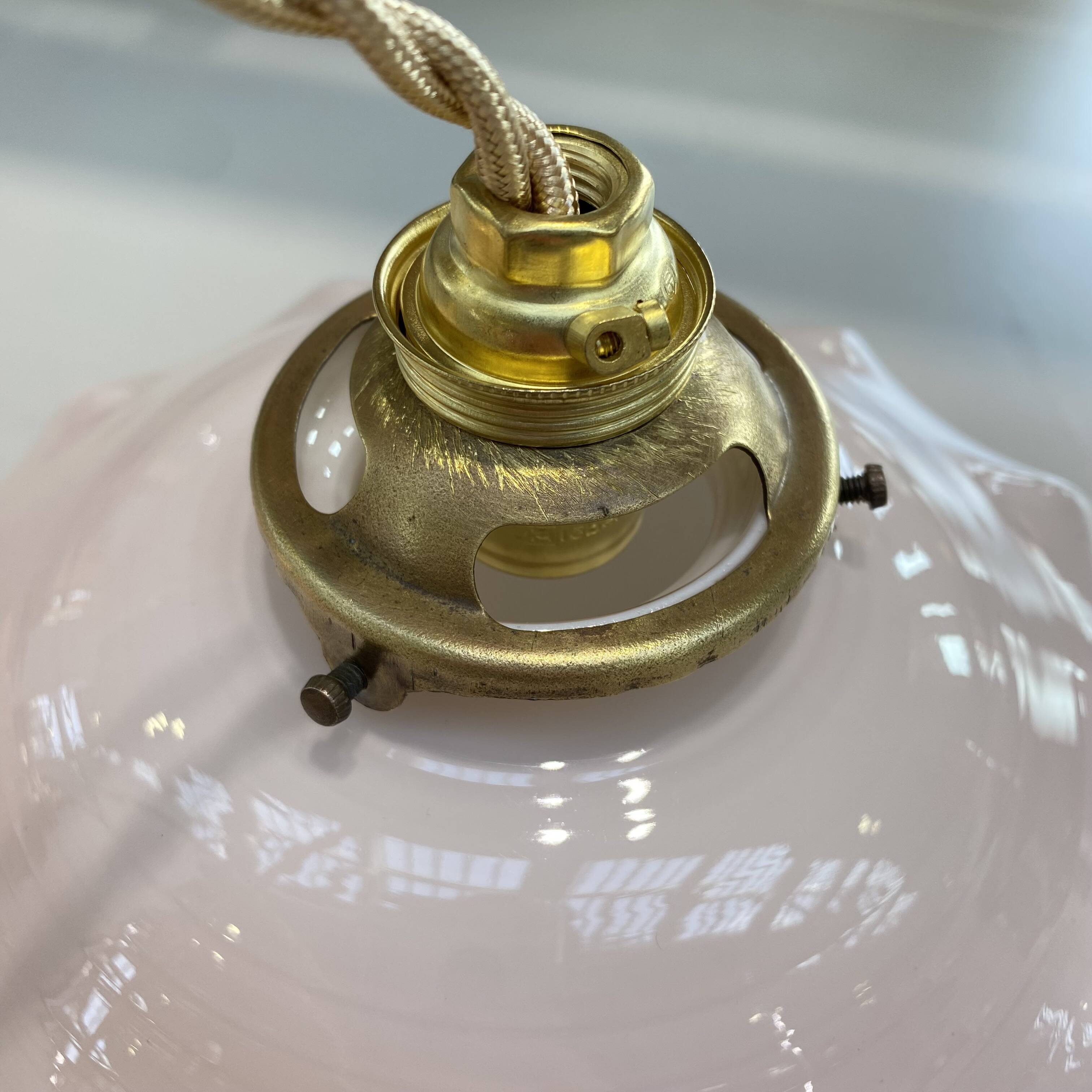 Pair of pale pink opaline pendant lights