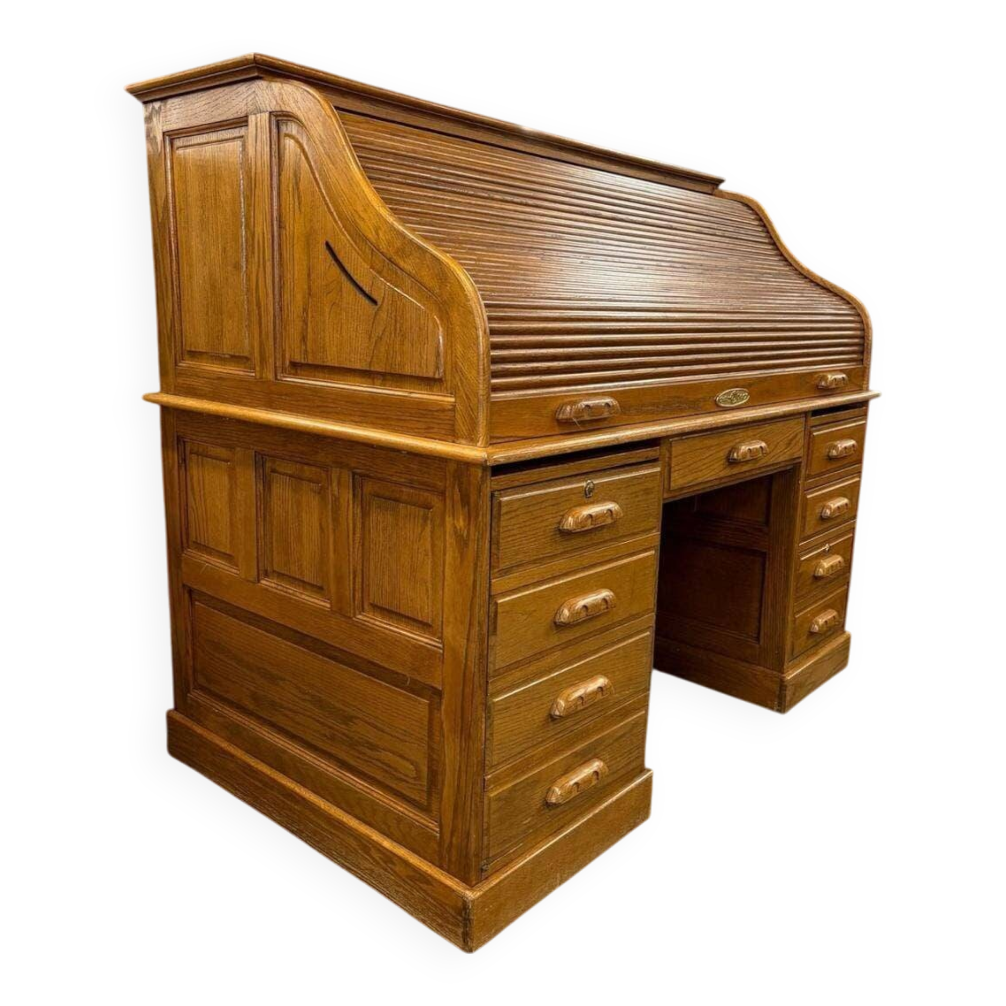 Vintage American wooden desk with curtain.
