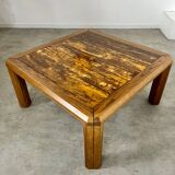 Ancienne table basse plateau marbre doré design années 70 pieds bois vintage