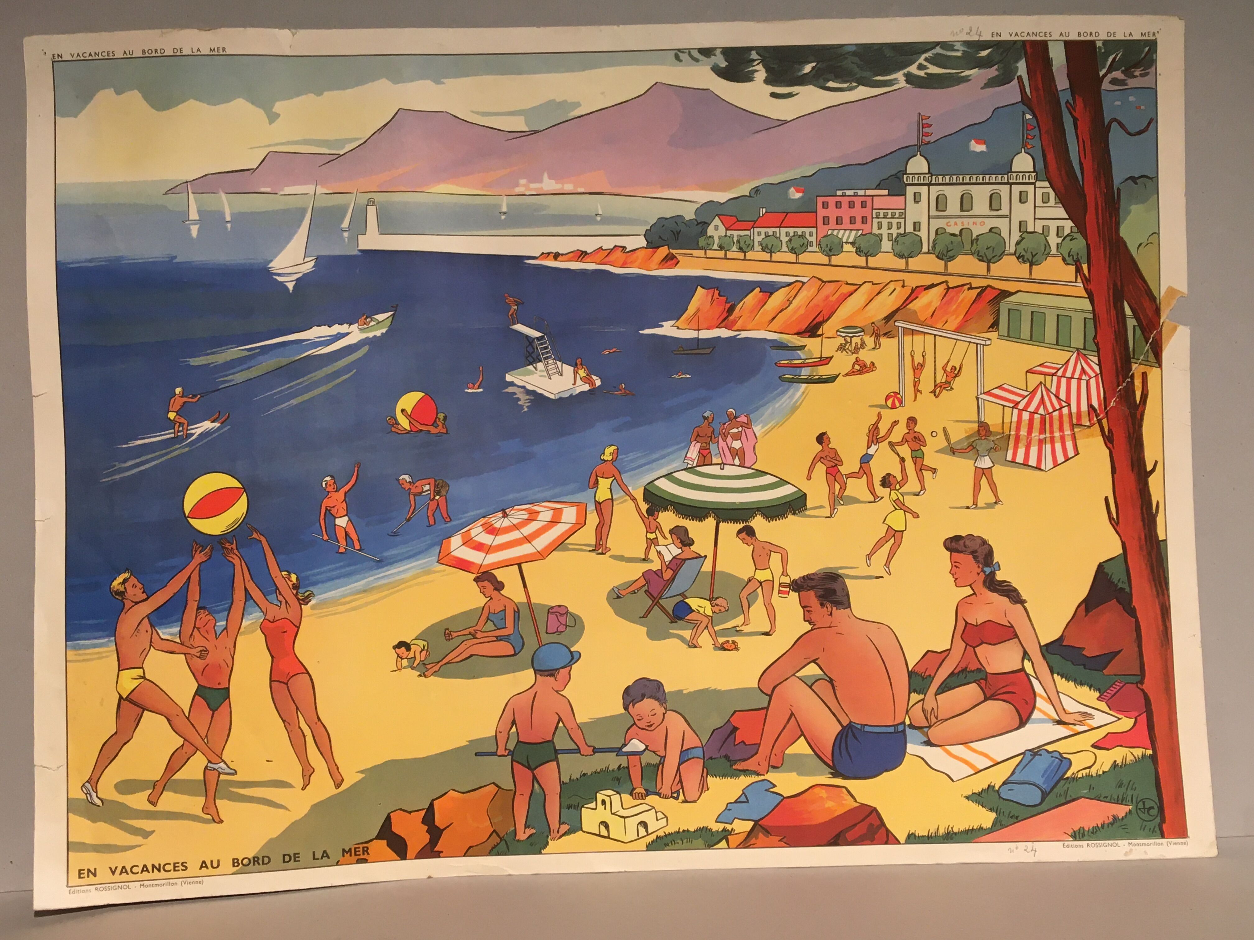 Affiche scolaire école vintage scène de vie recto « Les bohémiens" verso "Vacances au bord de la mer" pour Rossignol années 50