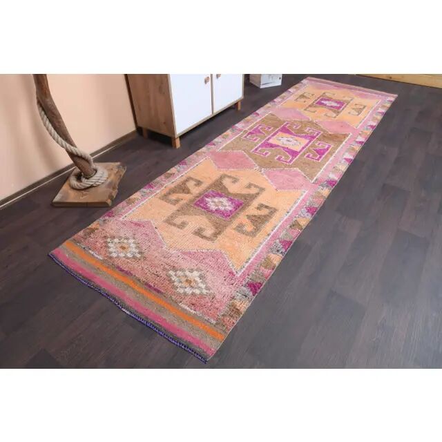 Vintage Turkish Hand-Knotted Wool Cotton Pink Runner 101x333