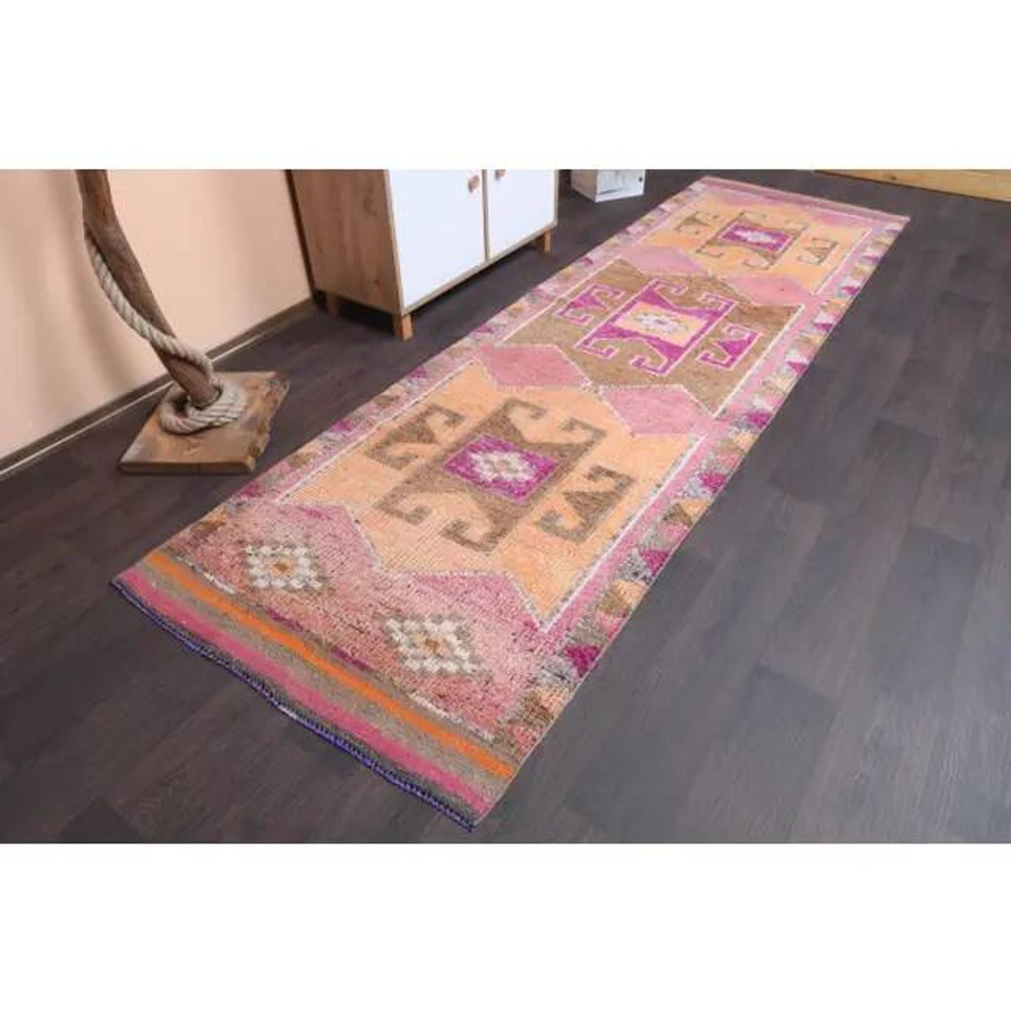 Vintage Turkish Hand-Knotted Wool Cotton Pink Runner 101x333