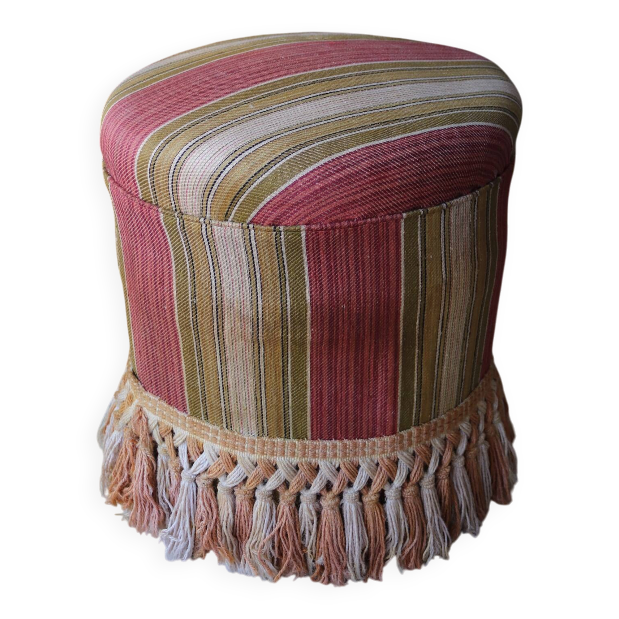 Small vintage stool / pouffe with fringes, boudoir style.