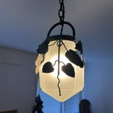 Antique glass and wrought iron pendant light with ivy decor Art Deco chandelier globe