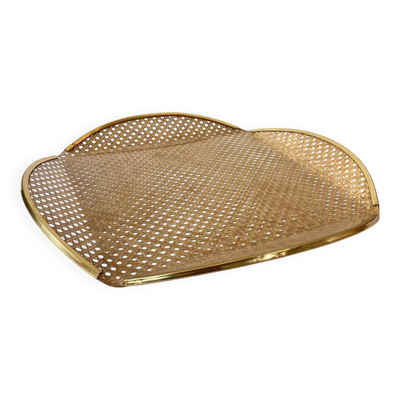 Plateau en plexiglas, cannage & laiton, 1970, attribué à Roche Bobois