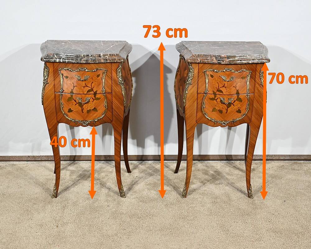 Pair of Bedside Tables in Rosewood and Marquetry, Louis XV style – Mid 20th century