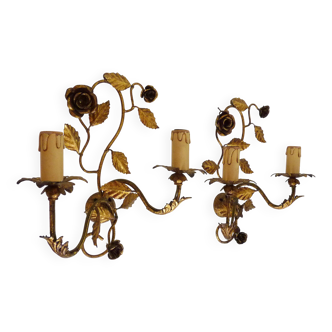 Paire d'appliques murales vintage à fleurs feuillages en métal doré 1960