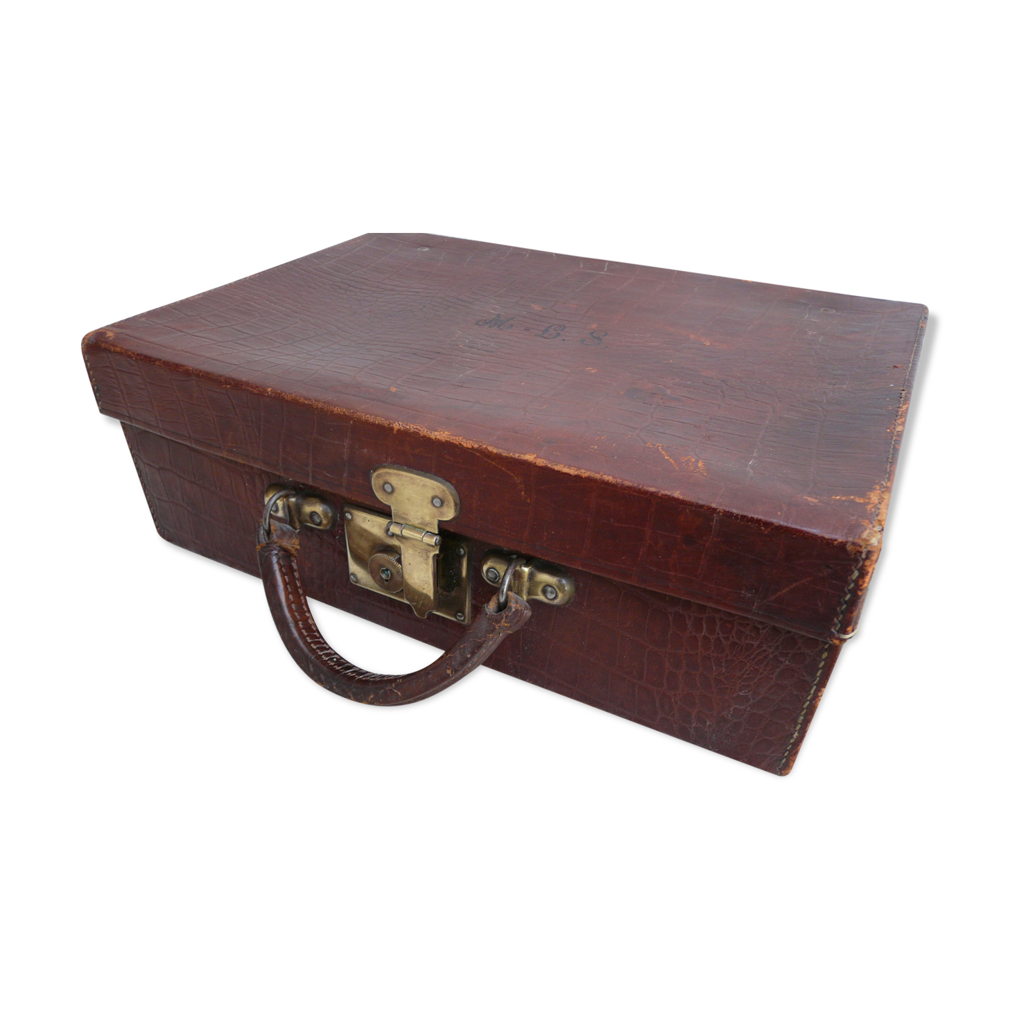 Leather and brass nineteenth monogrammed MCS suitcase