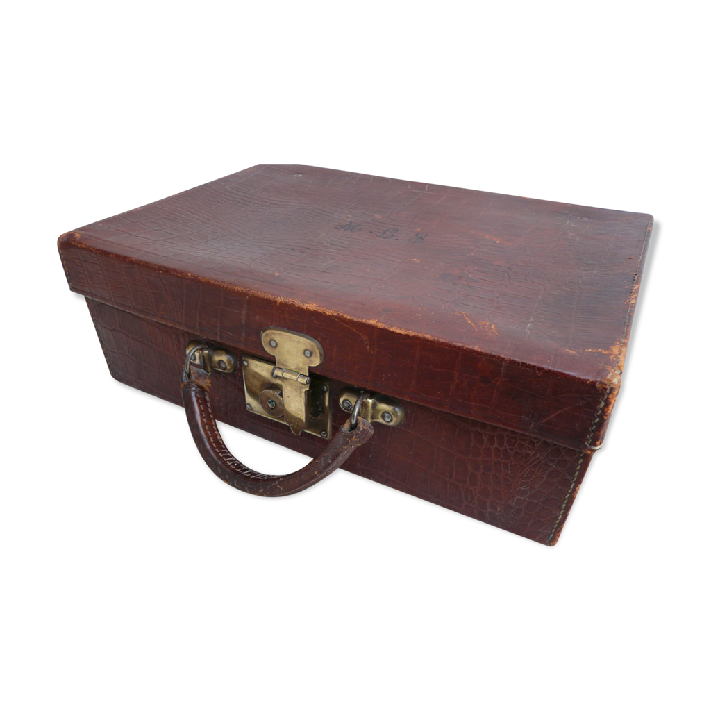 ANCIENNE VALISE MALE Rigide Vintage Cuir Marron ALM 63 x 45 x 19 cm EUR