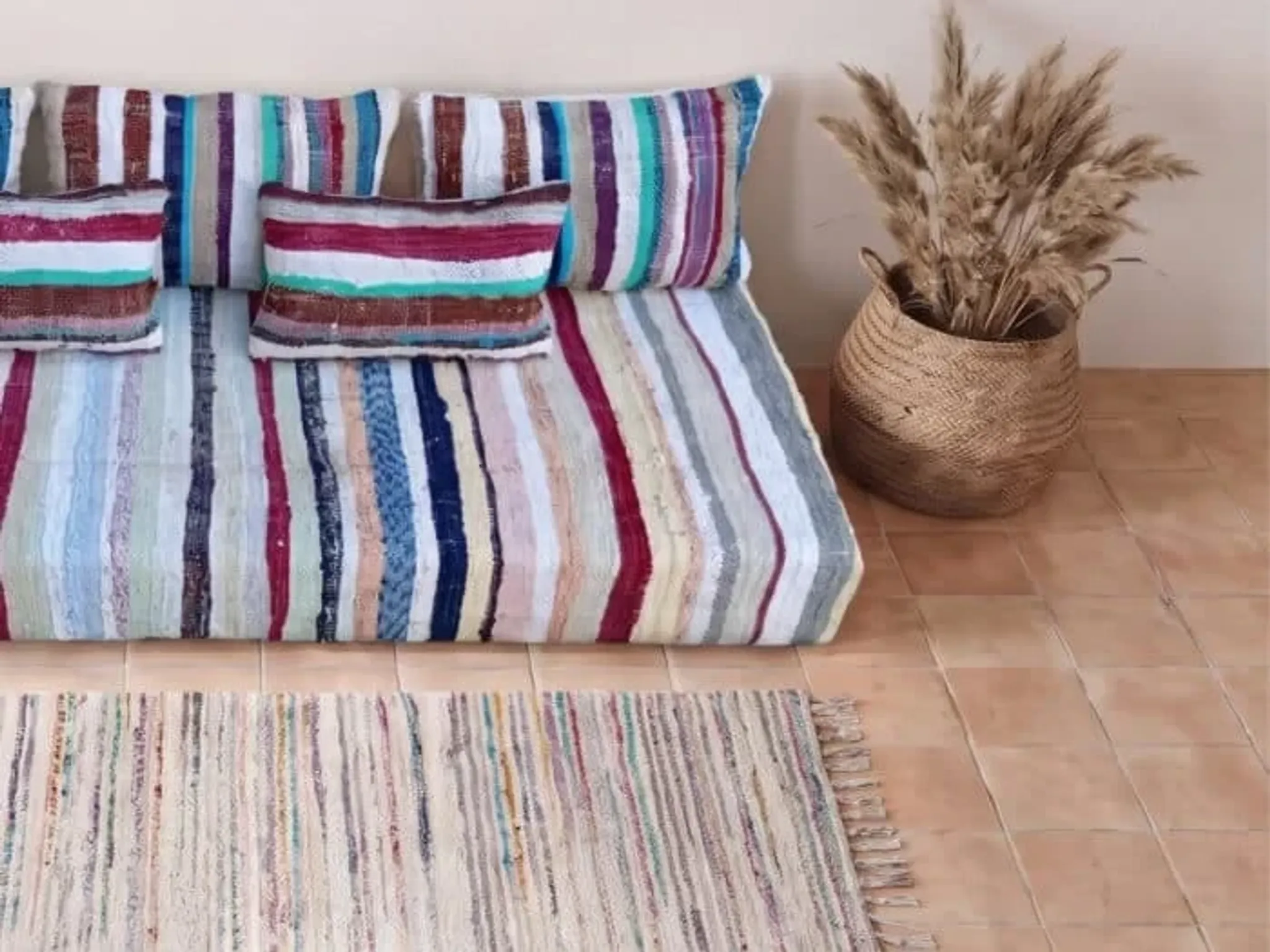 Pastel striped floor cushion, handwoven recycled cotton boucherouite.