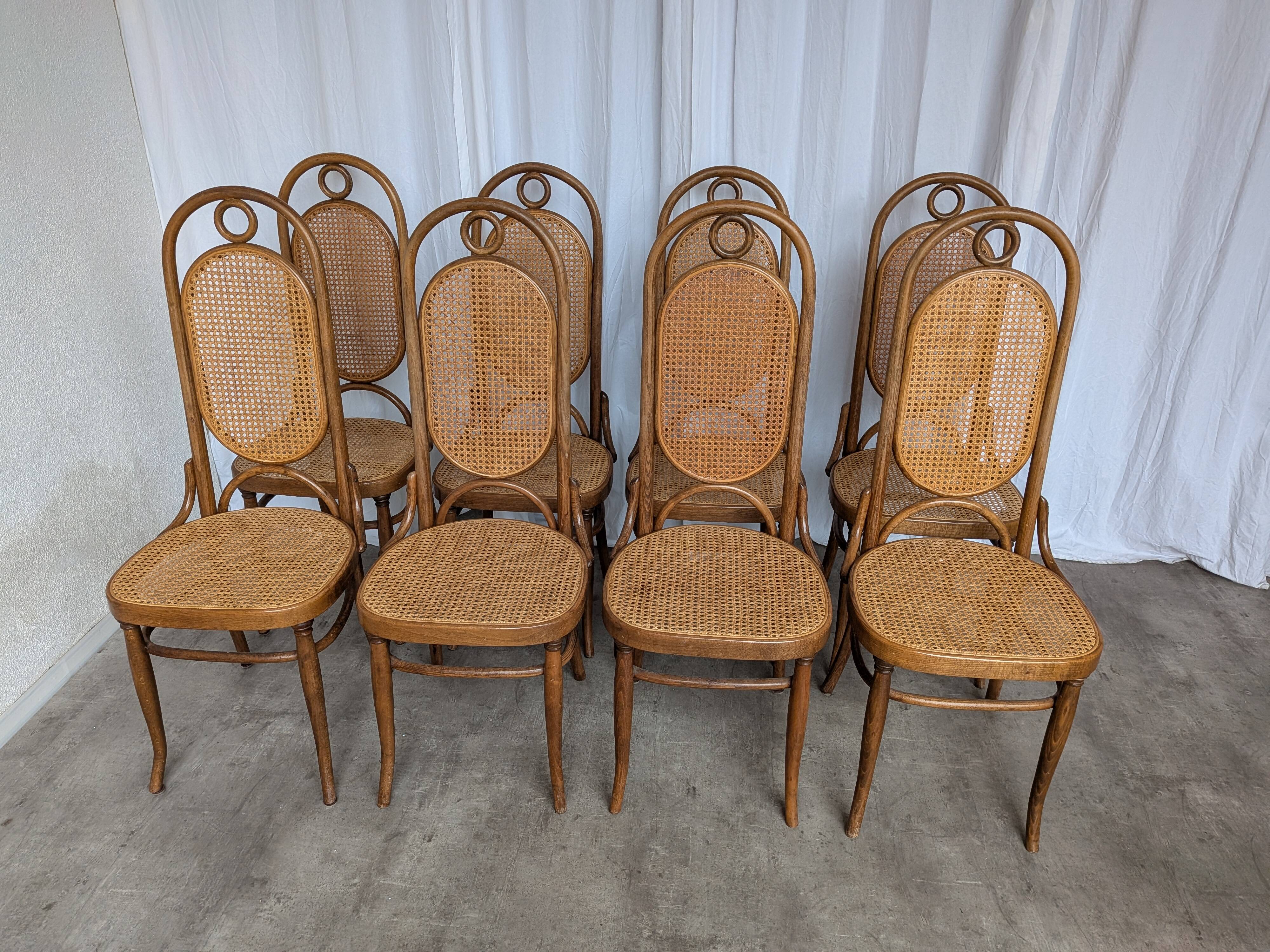 Set of 8 Vintage Bentwood Cane Dining Chair, Thonet Style, 1970s Yugoslavia